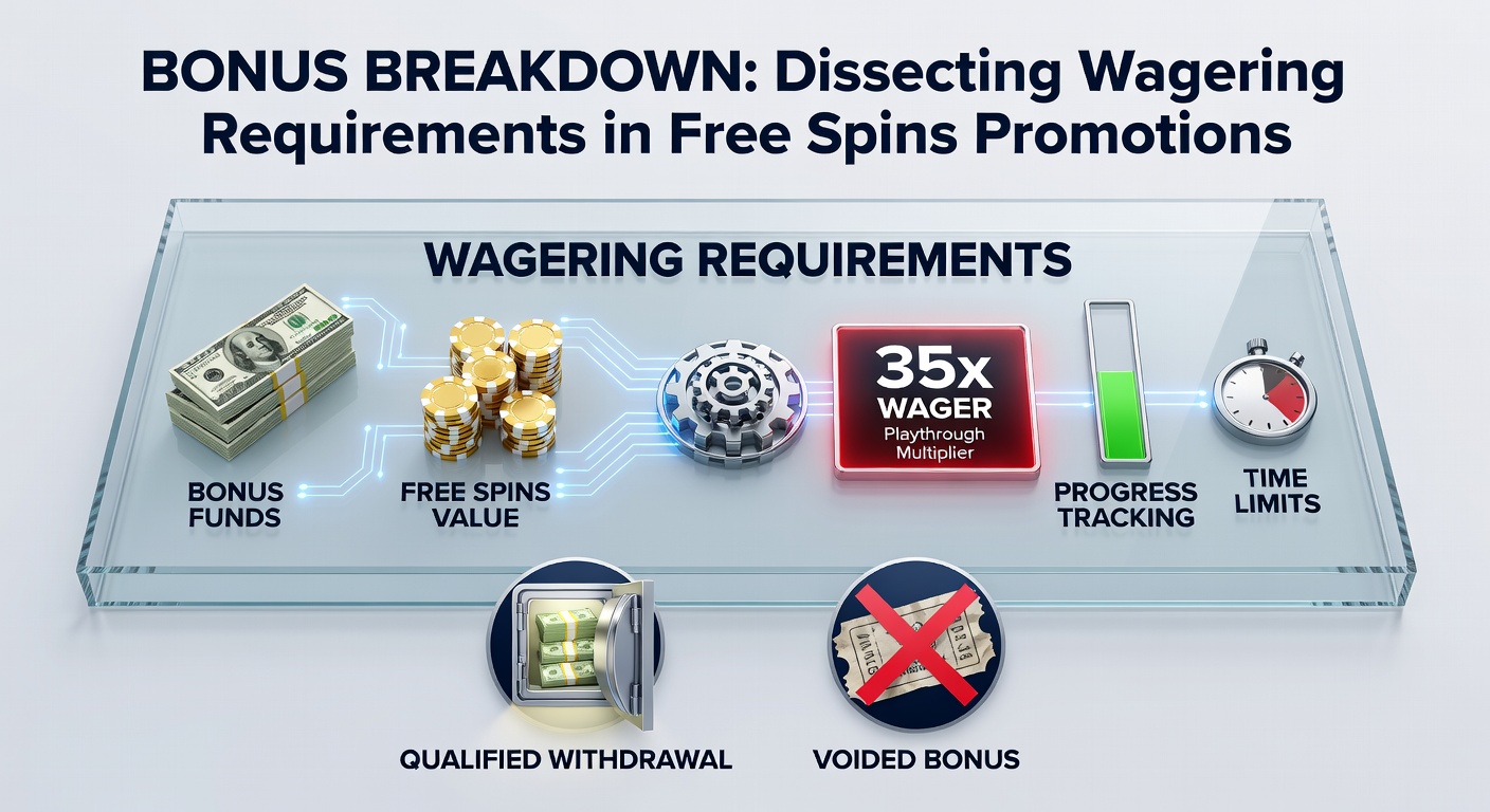 Close-up graphic of a calculator breaking down wagering math on a free spins bonus screen, with arrows pointing to key terms like '35x' and 'max bet'