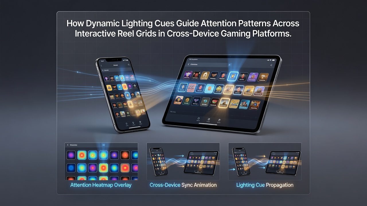 Interactive reel grid on multiple devices showing dynamic lighting highlights and color shifts directing user focus
