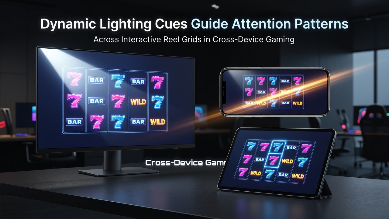Close-up view of reel grid with layered lighting effects and synchronized attention cues on tablet and smartphone screens