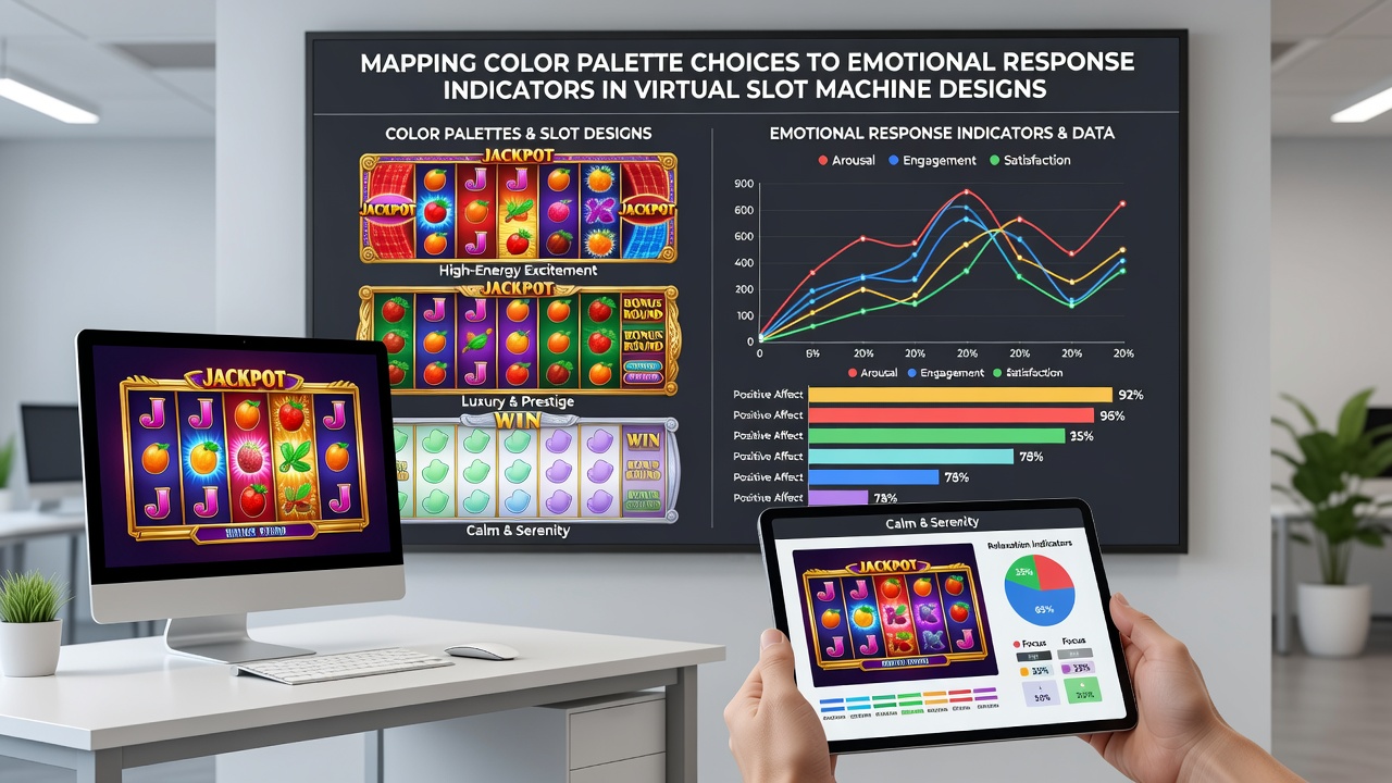 Side-by-side comparison of slot machine interfaces with varying emotional response color mappings