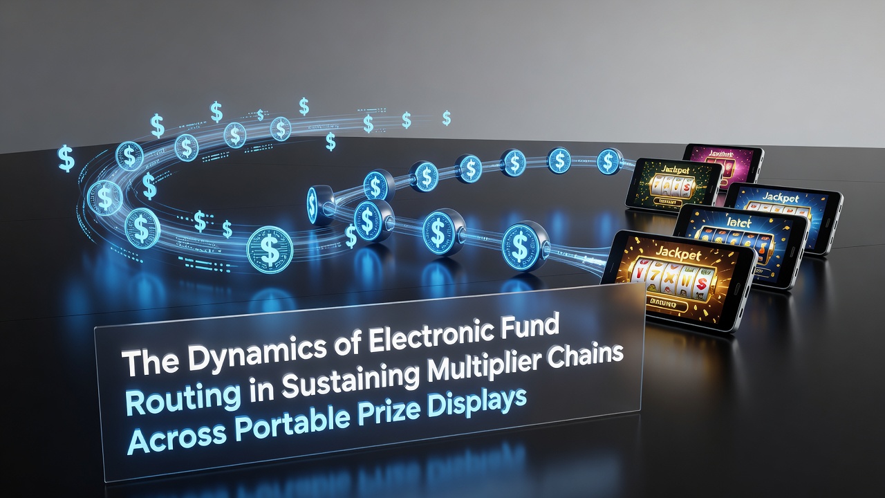 Electronic fund routing pathways visualized across mobile prize display networks